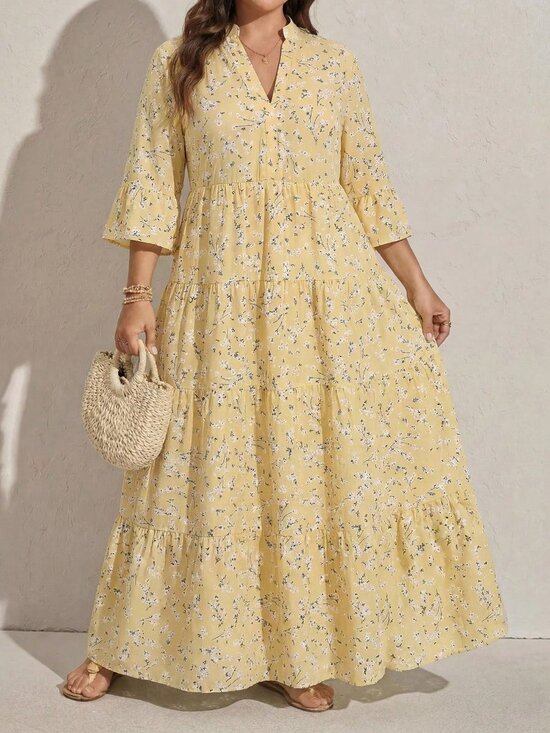 MODA ME COUTURE Dresses & Skirts - Yellow Boho Women's Ditsy Floral Sleeve Patchwork Tiered Maxi Dress